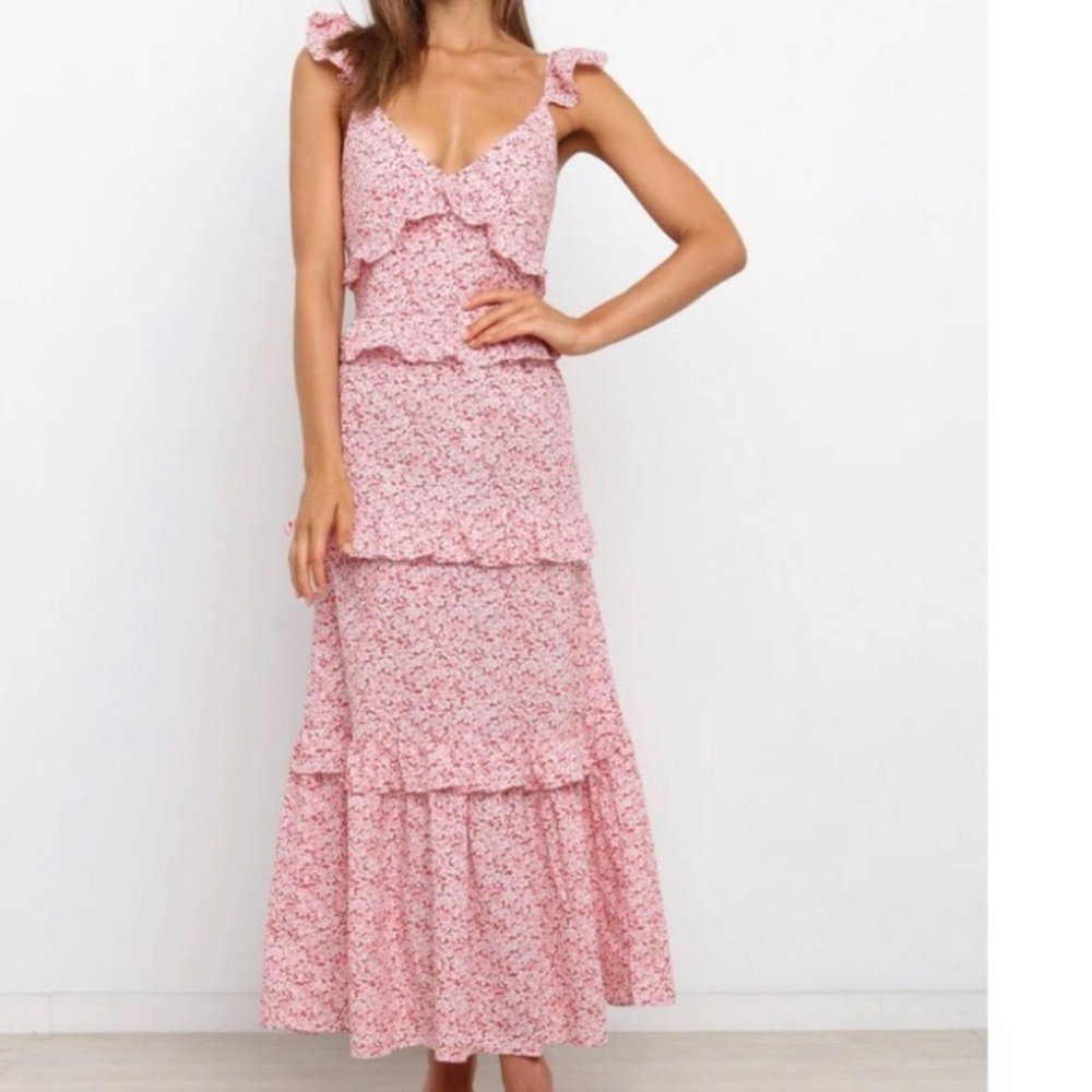 Petal & Pup Pink Floral Ruffle Tiered Maxi Dress with Spaghetti straps, NWT, 4